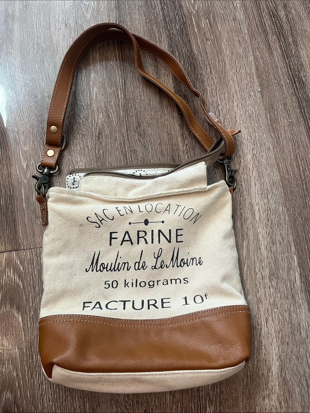 Myra Bag Farine Canvas Crossbody Bag with Brown Leather Accents